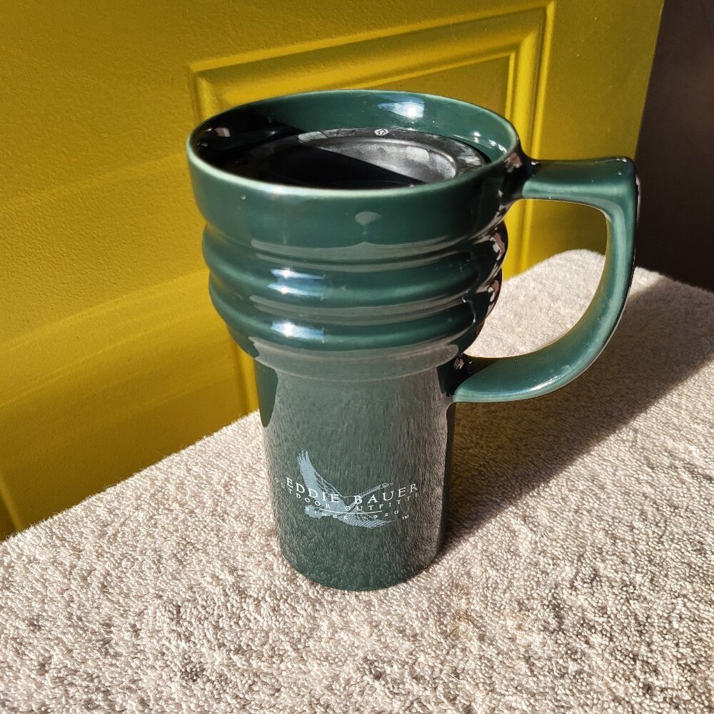 Eddie Bauer Dark Green Ceramic Travel Master Mug with Black Lid Coffee Cup GUC